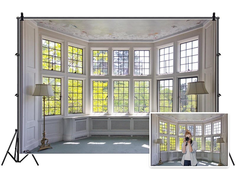 AOFOTO 10x7ft Classic French Pane Bay Windows Backdrop Luxury Retro Interior Decoration Floor Lamps Photography Background New Life Furniture Home Lifestyle Estate Modern Residence Photo Studio Props - Image 1